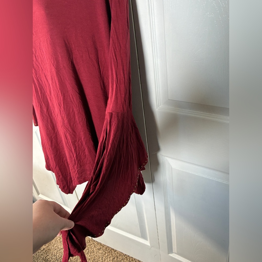 Rain Burgundy Asymmetrical Bell Sleeve Blouse w/ Gold Beaded Trim | Plus 1X - Picture 3 of 8